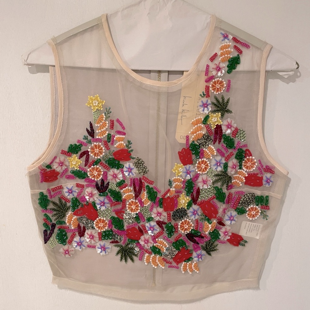 NWT Nicole Miller Leather beaded crop top